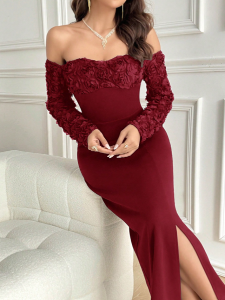 فستان نسائي كاجوال بأكمام طويلة بلون بوردو داكن بقصة ضيقة للارتداء اليومي